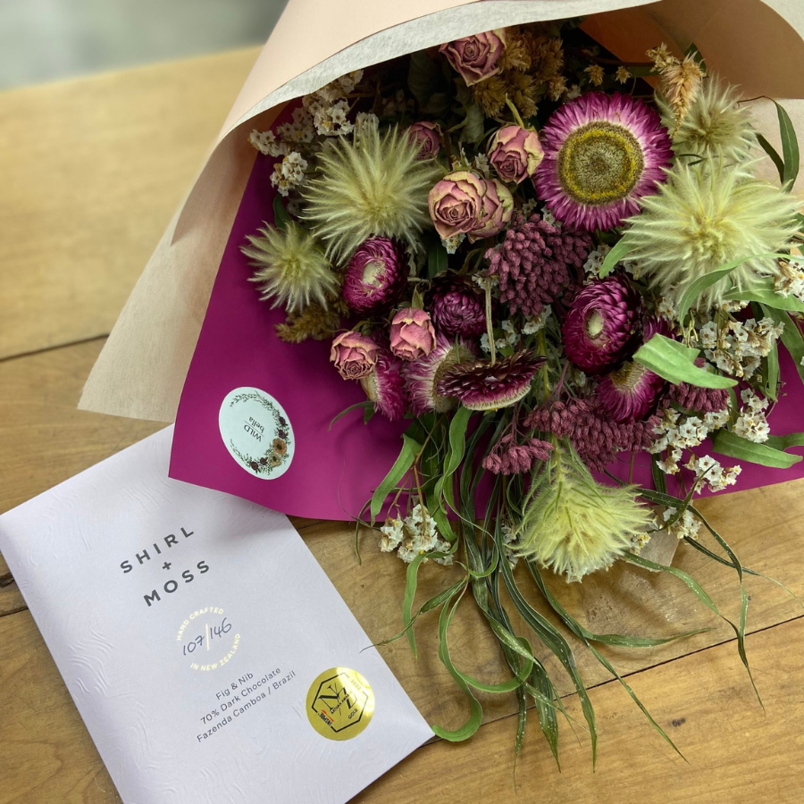 Dried Flowers & Shirl + Moss Chocolate | Elegant Gift Set | WILDbella Florist Waikato