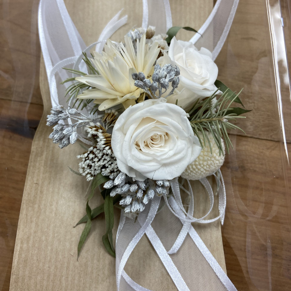 Elegant White Preserved Wrist Corsage | WILDbella Florist Morrinsville
