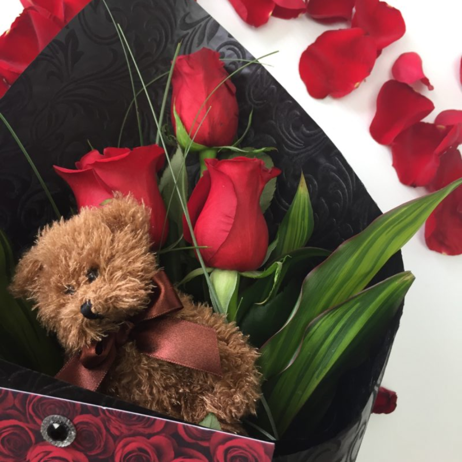 Triple Treasure with Teddy | Roses & Bear Gift | WILDbella Florist Morrinsville