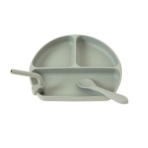 All4Ella Silicone Plate with Straw and Spoon - Olive